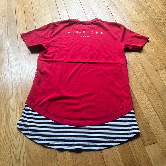 Vie Riche Paris Size S Red with Black & White Stripes Pocket Streetwear T-Shirt - Picture 10 of 13